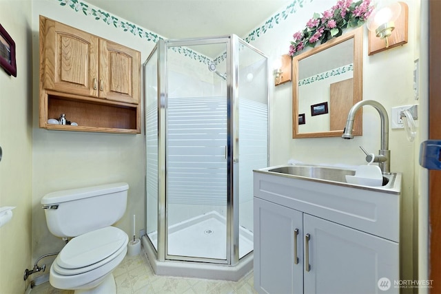 full bath featuring toilet, a shower stall, and vanity