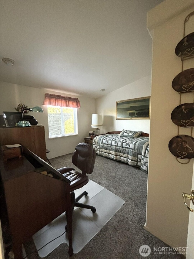 bedroom featuring lofted ceiling and carpet