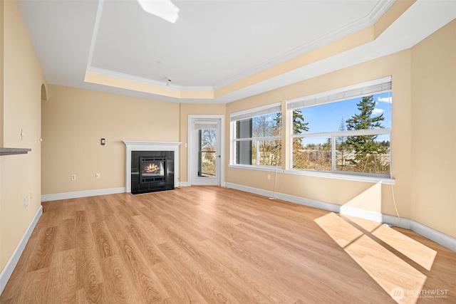 251 W Bakerview Rd Unit 306, Bellingham, WA 98226 - unfurnished living room with a raised ceiling, crown molding, light wood-style floors, a fireplace with flush hearth, and arched walkways