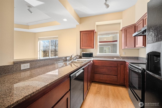 251 W Bakerview Rd Unit 306, Bellingham, WA 98226 - kitchen with black range with electric cooktop, dishwashing machine, stainless steel microwave, under cabinet range hood, and dark stone counters