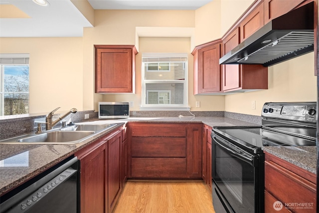 251 W Bakerview Rd Unit 306, Bellingham, WA 98226 - kitchen with appliances with stainless steel finishes, under cabinet range hood, light wood finished floors, and dark stone counters