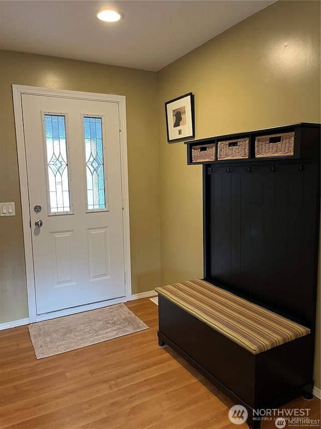 mudroom featuring light wood-style flooring, recessed lighting, and baseboards