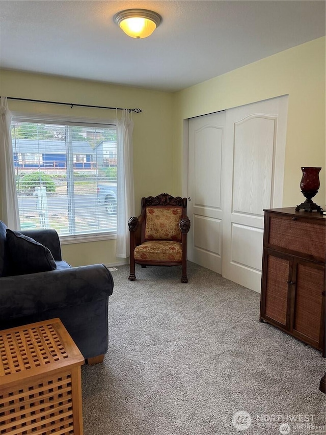 sitting room with light colored carpet