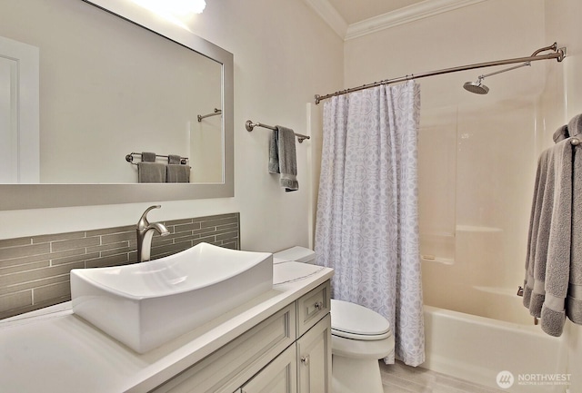 bathroom with decorative backsplash, ornamental molding, toilet, vanity, and shower / bath combination with curtain