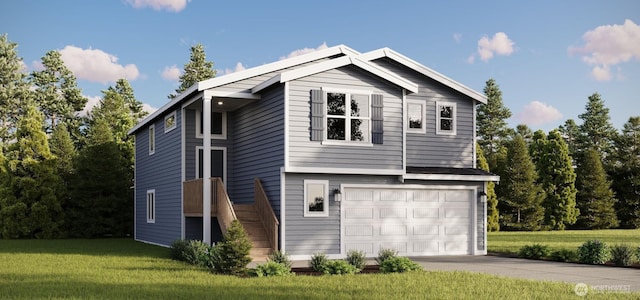 view of side of property with driveway, a garage, stairway, and a lawn