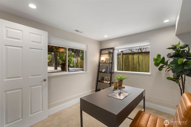 office area featuring baseboards, visible vents, and recessed lighting