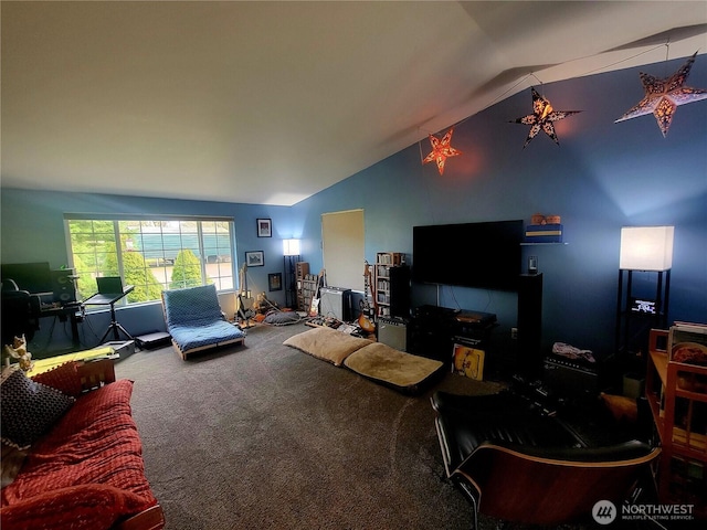 living room with vaulted ceiling and carpet flooring