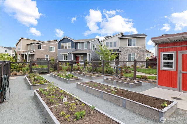 surrounding community featuring a garden, fence, and a residential view