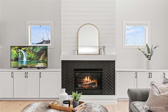 living area featuring a glass covered fireplace and light wood-style floors