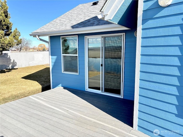 wooden deck featuring fence and a lawn
