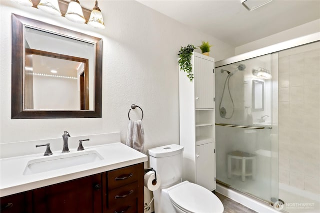 bathroom featuring toilet, a shower stall, and vanity