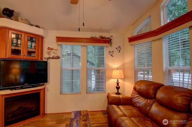 living room with ceiling fan and wood finished floors