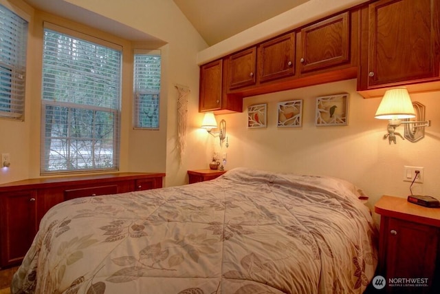 bedroom featuring lofted ceiling