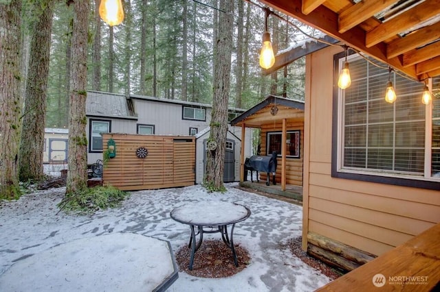 exterior space with a storage shed and an outdoor structure