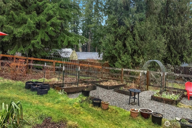 view of yard featuring fence and a garden