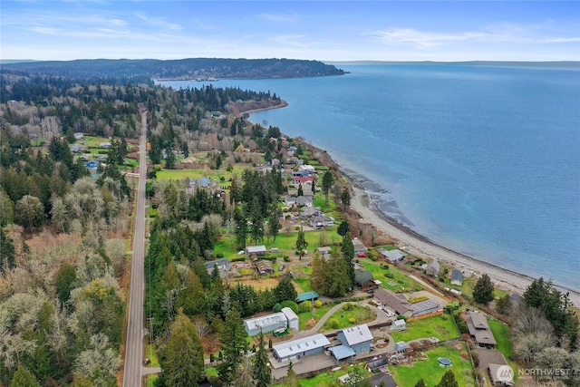 aerial view with a water view and a beach view