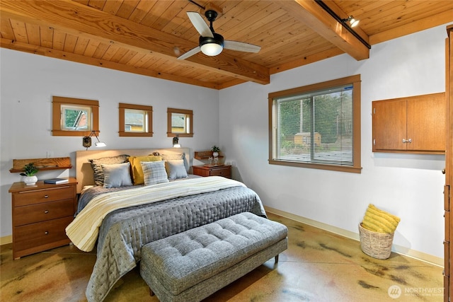 bedroom with concrete floors, a ceiling fan, wood ceiling, baseboards, and beamed ceiling