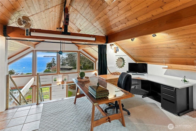 home office with wooden ceiling, a water view, vaulted ceiling with beams, and built in desk