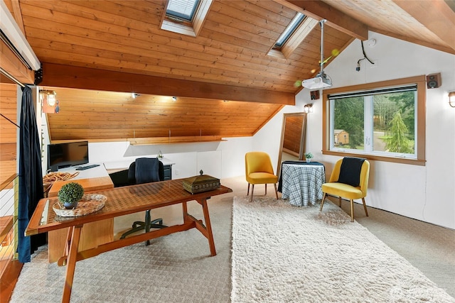 office area with carpet floors, lofted ceiling with skylight, and wood ceiling