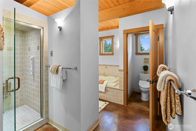 full bath with wood ceiling, a stall shower, toilet, and baseboards