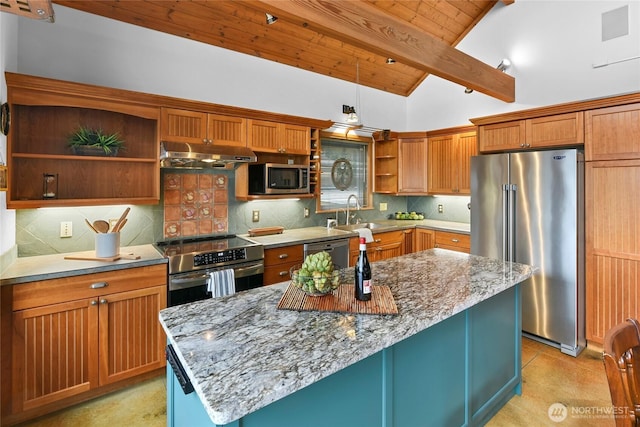 kitchen featuring under cabinet range hood, appliances with stainless steel finishes, open shelves, and a sink