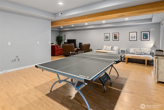 playroom featuring recessed lighting, baseboards, and wood finished floors