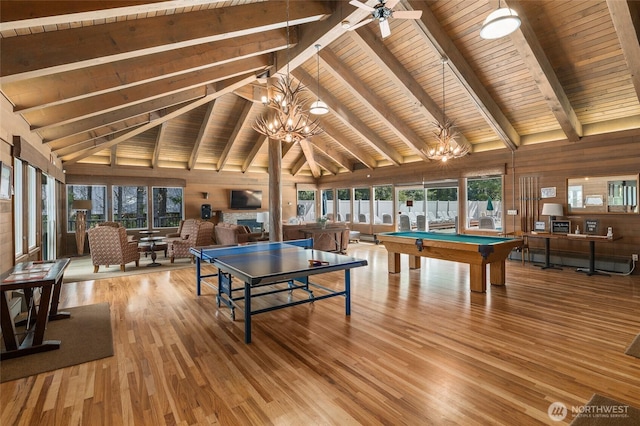 game room with billiards, wood ceiling, wood finished floors, and a wealth of natural light