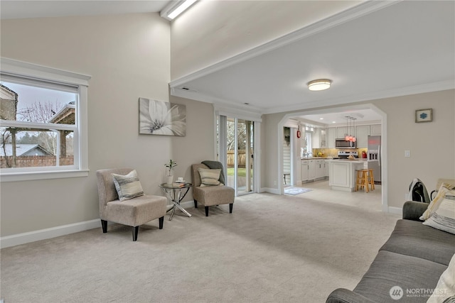 interior space featuring light colored carpet, crown molding, and baseboards