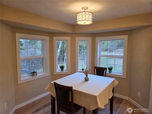 dining space featuring dark wood finished floors and baseboards