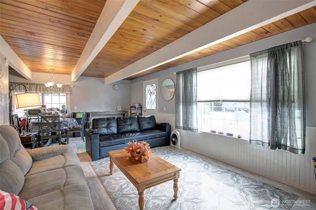 living room featuring a chandelier, wood ceiling, beam ceiling, and a healthy amount of sunlight