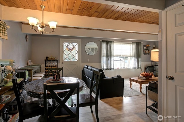 dining area with wooden ceiling, a wealth of natural light, and an inviting chandelier