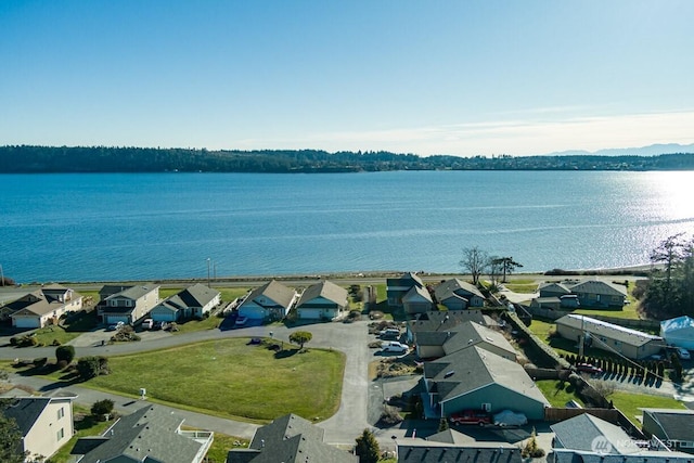 bird's eye view featuring a water view and a residential view