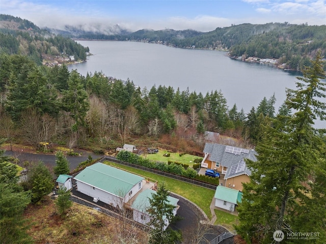 bird's eye view featuring a water view and a wooded view