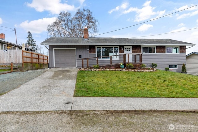 ranch-style home featuring a garage, concrete driveway, fence, a porch, and a front yard