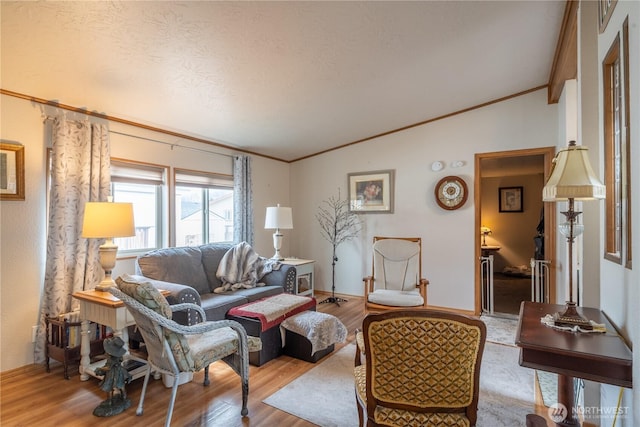 living area with lofted ceiling, a textured ceiling, wood finished floors, and crown molding