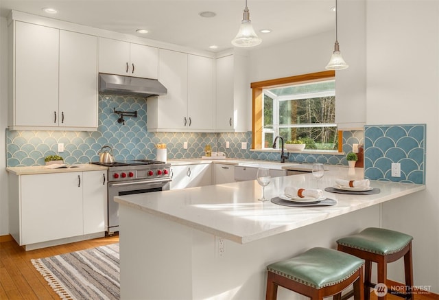 kitchen featuring designer stove, under cabinet range hood, a peninsula, a sink, and a kitchen breakfast bar