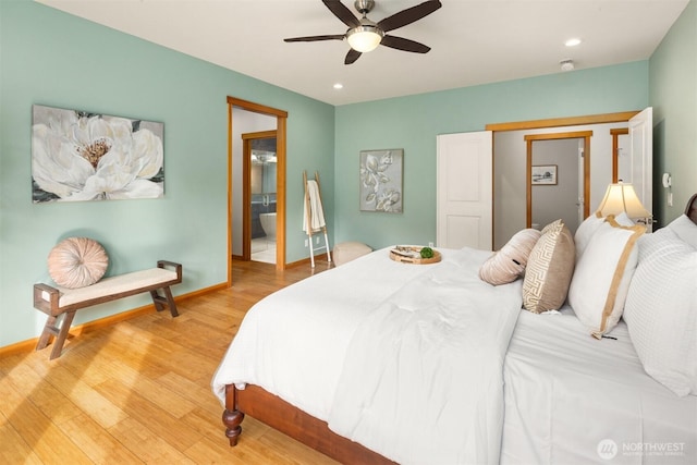 bedroom with light wood finished floors, recessed lighting, and baseboards