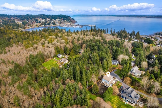 aerial view featuring a water view and a forest view