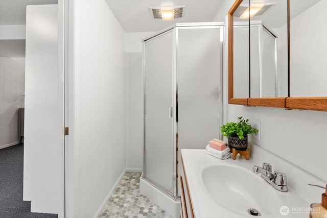 bathroom featuring visible vents, a shower stall, and vanity