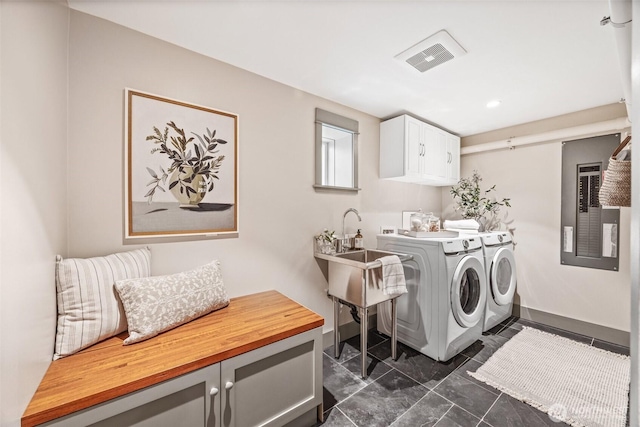 laundry room with washer and clothes dryer, visible vents, cabinet space, a sink, and baseboards