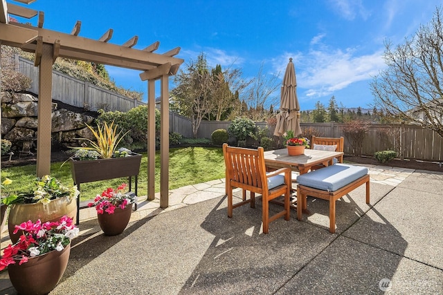 view of patio with outdoor dining area, a fenced backyard, and a pergola