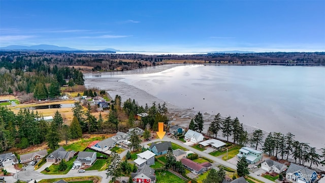 drone / aerial view with a water view, a residential view, and a view of trees