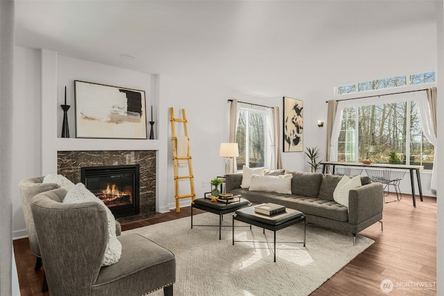 living room featuring a premium fireplace, wood finished floors, and a healthy amount of sunlight