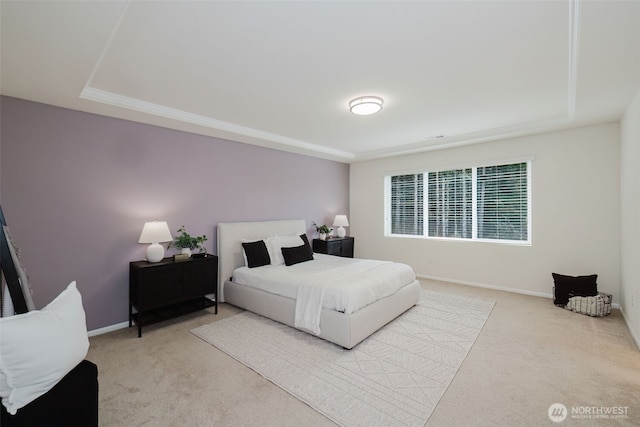 bedroom with carpet floors, baseboards, and a raised ceiling