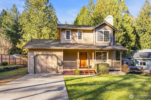 view of front of home featuring a garage, driveway, a porch, fence, and a front lawn