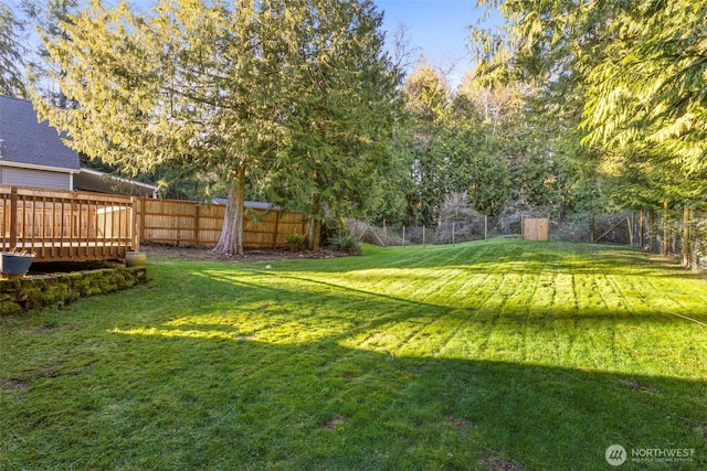 view of yard with a fenced backyard and a wooden deck