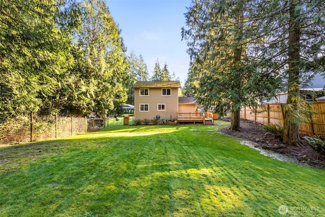 view of yard featuring a deck and a fenced backyard