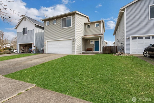 view of front of property featuring an attached garage, concrete driveway, and a front lawn