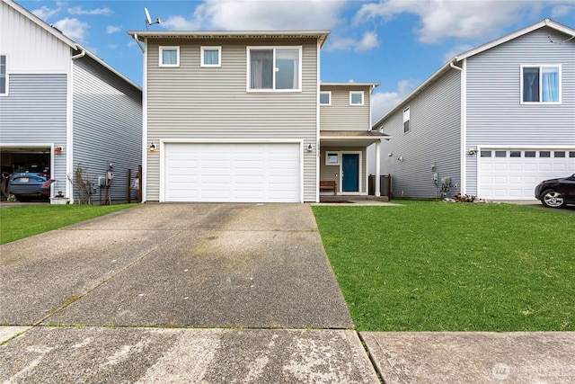 view of front of home with a garage, driveway, and a front yard