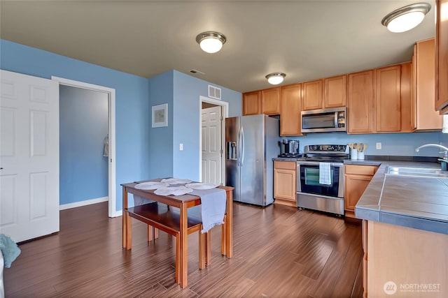 kitchen featuring a sink, stainless steel appliances, dark wood-type flooring, and visible vents